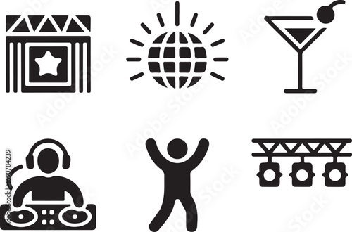 Set of six party and celebration icons on white background Keywords: party, celebration, icon, set