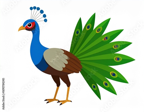 Illustration of a stylized peacock with blue neck and head, brown body, and vibrant green tail feathers on a white background.