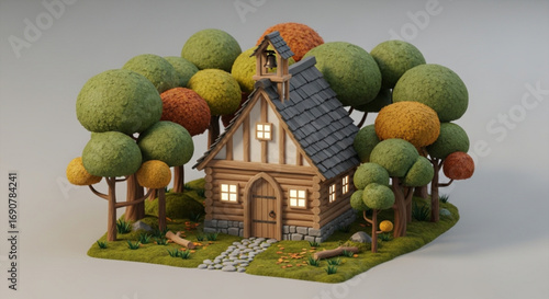 A charming 3d render of a fairytale cottage nestled among trees, evoking a sense of whimsy and tranquility