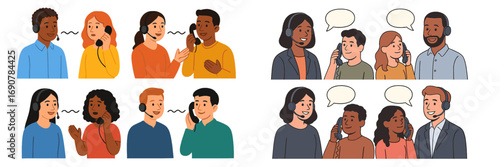 Collection of diverse call center operators with headsets providing customer support to clients over the telephone