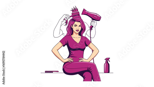 Stylish woman with voluminous windblown hair styled with a hairdryer in a salon setting with a comb and spray bottle