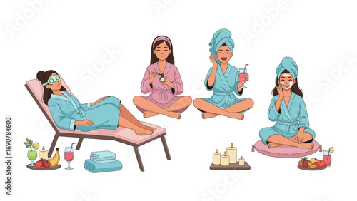 Four young women enjoying a relaxing spa day at home with face masks and towels wrapped around their heads and wearing bathrobes