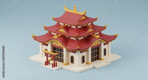 A beautiful 3d render of a traditional japanese pagoda with red roof and golden accents, a serene architectural marvel on blue background