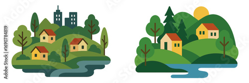 Set of two minimalist landscapes showing city suburbs and a countryside village with houses on green hills, trees, and a river