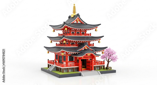 A detailed 3d render of a japanese pagoda with red and black accents, , showcasing traditional architecture