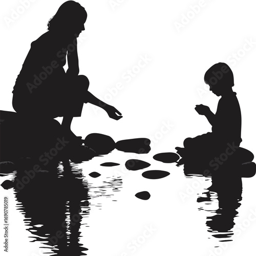 Mother and Child by Water Silhouette