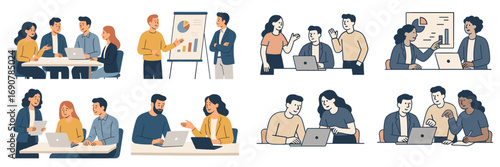 Set of business people characters in office scenes, working on laptops, collaborating in meetings, and giving presentations