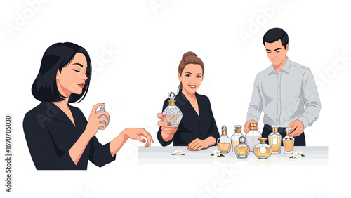 Three people a woman smelling perfume a woman holding a bottle and a man with cosmetic products on a table illustrating beauty and fragrance