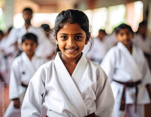 A young girl in a karate uniform smiles towards the viewer, surrounded by other students.