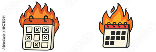 Cartoon icons of a burning calendar representing a stressful deadline, urgent project management, and a chaotic schedule isolated on a white background