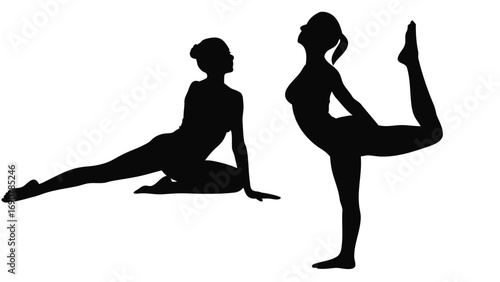 Vector silhouette of women practicing yoga and fitness exercises in different poses