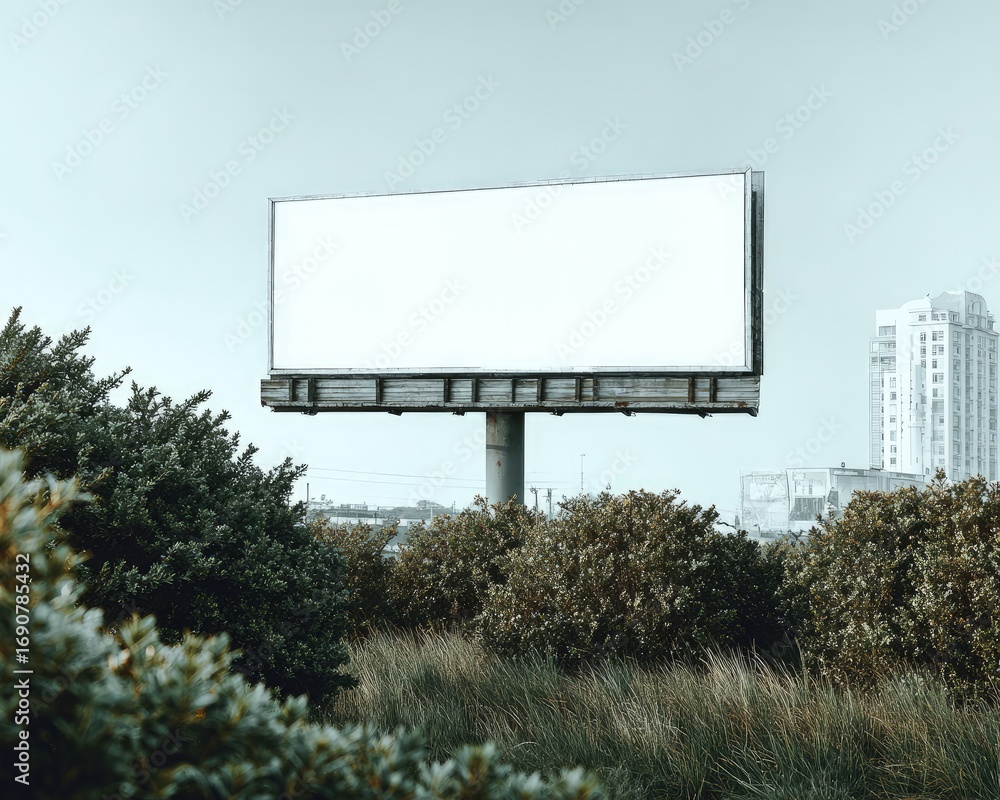 Obraz premium Blank Billboard Against Cityscape With Green Bushes
