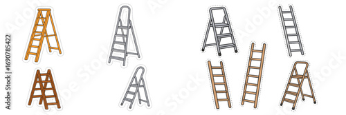 Collection of wooden and metal stepladders and straight ladders for construction and home improvement isolated on a white background