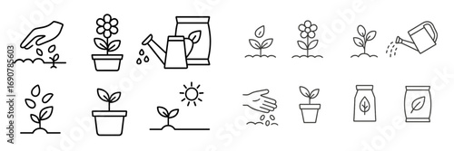 Set of line icons for gardening, planting, and plant growth with symbols for seeds, sprouts, flowers, and tools