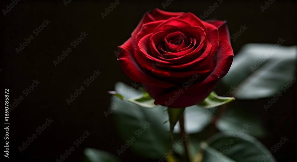 Fototapeta premium A close-up shot of a single, vibrant red rose with lush green leaves against a dark background.