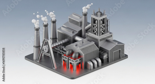 Isometric 3d rendering of a factory with chimneys emitting smoke, showcasing industrial production and environmental impact in a stylized design