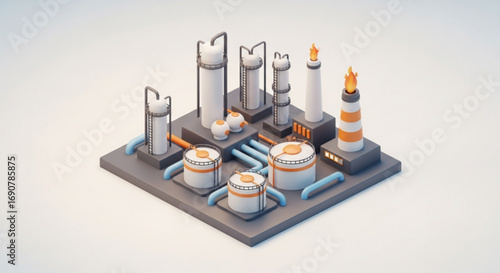 Isometric 3d rendering of an oil refinery with tanks and pipelines, showcasing energy production and industrial infrastructure in a stylized design