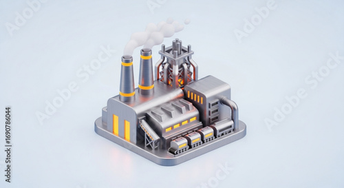 Isometric 3d rendering of a factory with chimneys emitting smoke, showcasing industrial production and environmental impact in a stylized design