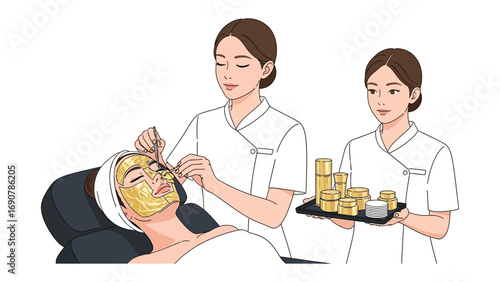 Two professional beauticians applying a golden facial mask to a client receiving a relaxing spa treatment with skincare products