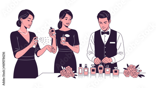 Elegant women and man in formal attire presenting and sampling luxurious perfume bottles on a table with floral arrangements
