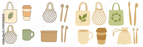 Collection of eco-friendly zero waste lifestyle items including reusable bags, coffee cups, and bamboo toothbrushes