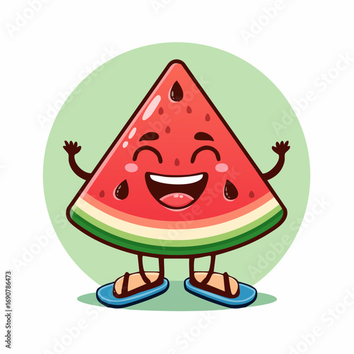 Cute cartoon watermelon character with a cheerful expression, wearing sandals, and standing with arms raised in excitement, set against a light green circular background