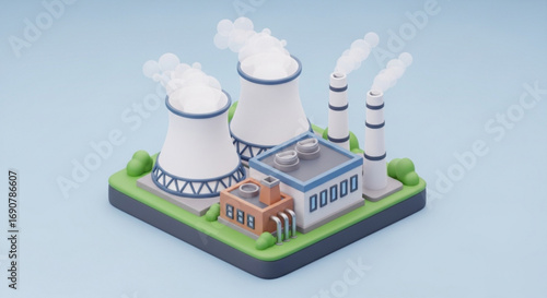 Isometric view of a nuclear power plant with cooling towers, showcasing energy production on an isolated