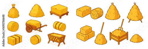 Collection of Cartoon Hay Bales, Haystacks, and Farming Elements like Wheelbarrow and Pitchfork for Agricultural Design
