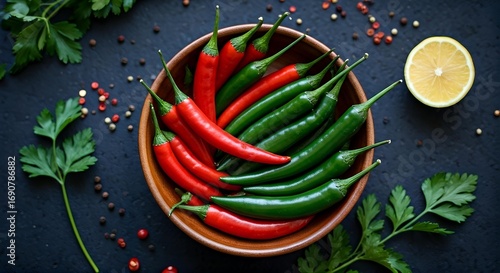 Overhead shot of a bowl of assorted red and green chili peppers with herbs and spices on a dark surface.