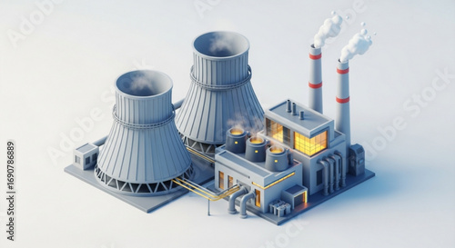 Isometric view of a nuclear power plant, illustrating the generation of electricity through nuclear fission