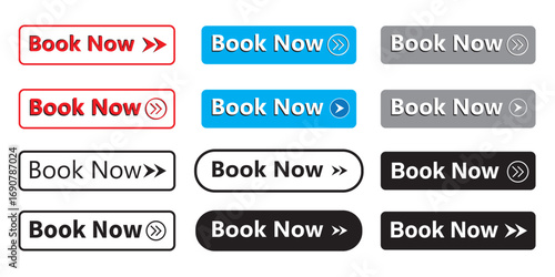 Book now button vector icon set. Linear book now web banner templates for website and mobile apps