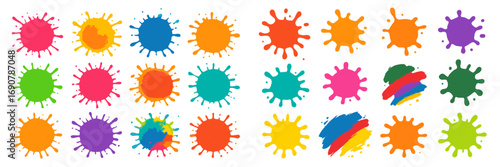 Colorful paint splatters and ink blots collection. Abstract grunge splash shapes and artistic brush strokes isolated on a white background