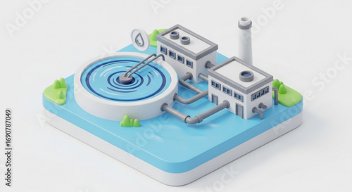 A cartoon water treatment plant with a purification system and industrial buildings, promoting clean water and environmental sustainability