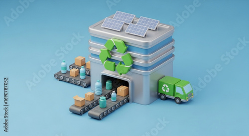 A cartoon recycling factory with solar panels on the roof and a conveyor belt carrying recycled materials, promoting sustainable practices
