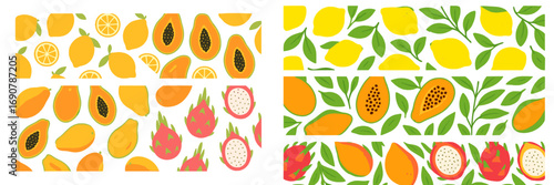 Set of seamless fruit borders with tropical lemon, papaya, and dragon fruit for decorative backgrounds and web banners