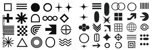 Large set of universal geometric shapes and abstract icons in a minimalist brutalist style for graphic design, logos, and posters