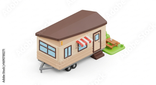 A charming low poly style mobile home with a picnic table, perfect for vacation or fulltime living
