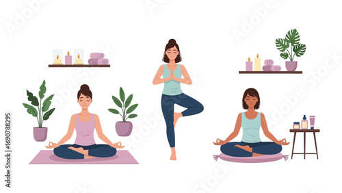 Three diverse women practicing yoga and meditation in a calm home environment with plants and wellness products