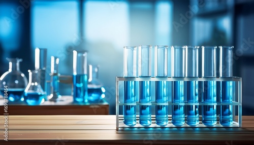 laboratory test tubes with blue liquid on wooden table