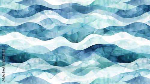 Abstract watercolor painting featuring wavy lines in shades of blue and teal on a white background