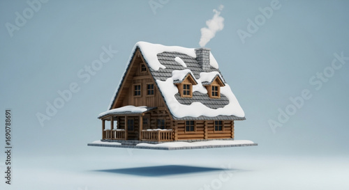 Cozy wooden cabin covered in snow with smoke coming from the chimney, a perfect winter retreat concept
