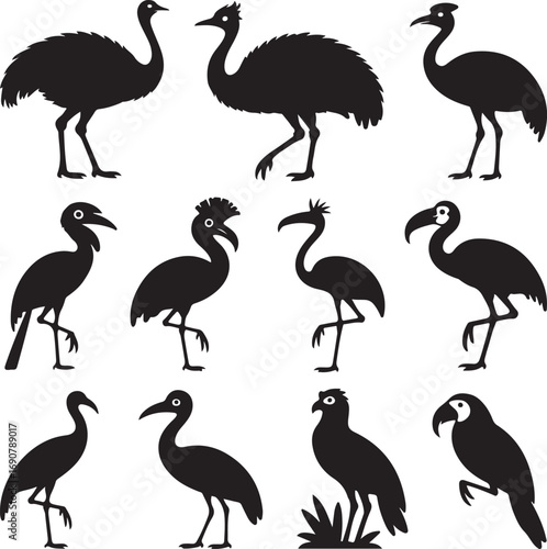 Diverse Collection of Black Silhouette Illustrations of Exotic Birds ostrich cassowary