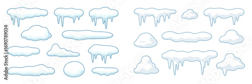 A large set of cartoon snow caps, icicles, and snowdrifts for winter decoration and design, isolated frozen ice elements