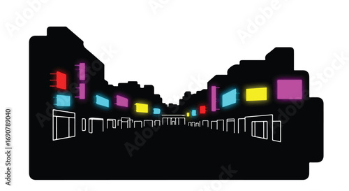 Vibrant city street at night with colorful illuminated windows