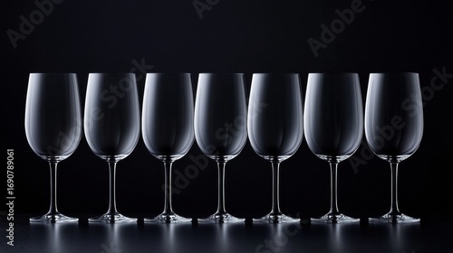 Seven empty wine glasses arranged in a row.
