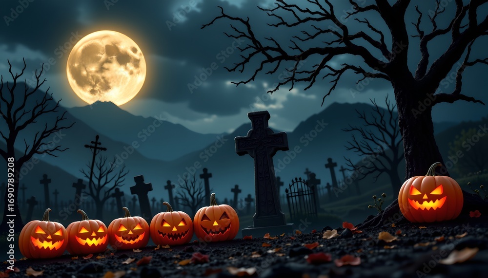 Fototapeta premium A Halloween themed night scene with carved jack o' lanterns lined up on the ground in front of a haunted graveyard. The sky is dark with full moons and silhouetted trees, creating a spooky atmosphere.