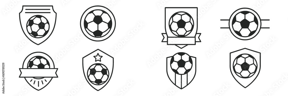 Obraz premium Set of soccer ball emblems and football club logo icons with shield and crest designs in a minimalist line art style