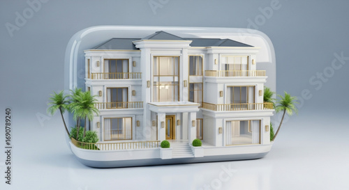 Luxurious modern mansion with balconies, palm trees, and sleek design, showcasing elegance and sophistication