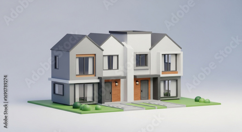 Contemporary duplex house with clean lines, modern design, and minimalist landscaping, showcasing urban living