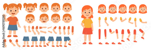 Cartoon boy and girl character constructor kit for animation with separate body parts, different facial expressions, emotions, and poses